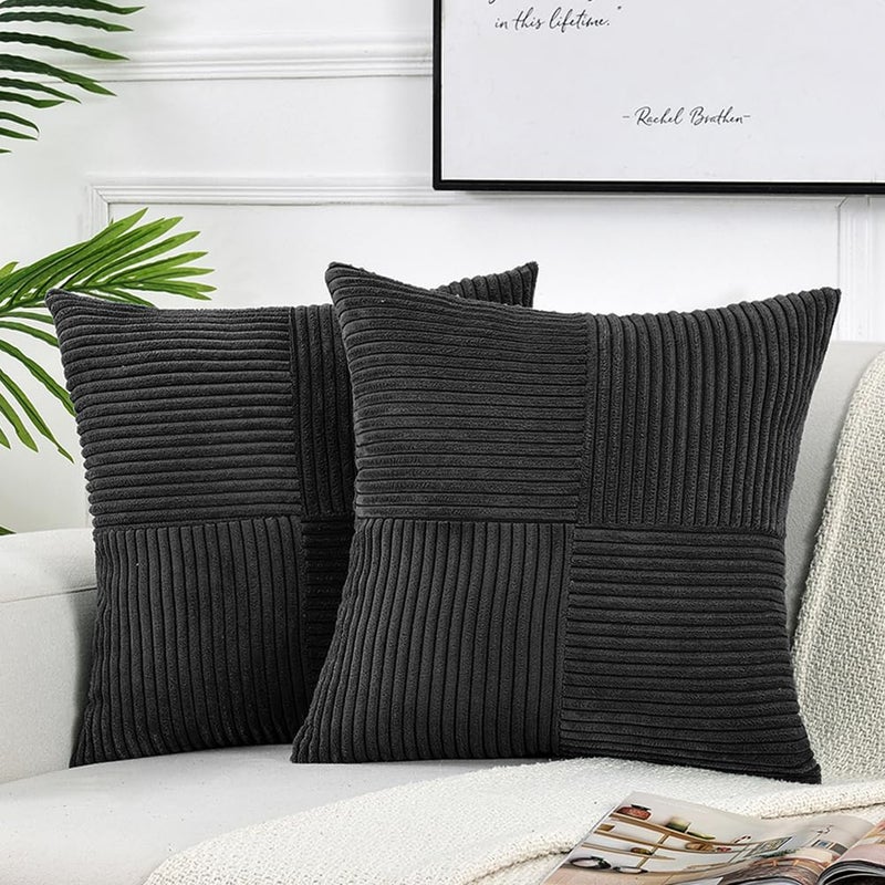 Fancy Homi 2 Packs Black Samll Decorative Throw Pillow Covers 12x12 Inch with for Couch Bed Sofa Rustic Farmhouse Boho Home Decor Soft Corss Patchwork Corduroy Square Cushion Case 30x30 cm - Image 2