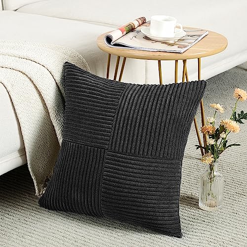 Fancy Homi 2 Packs Black Samll Decorative Throw Pillow Covers 12x12 Inch with for Couch Bed Sofa Rustic Farmhouse Boho Home Decor Soft Corss Patchwork Corduroy Square Cushion Case 30x30 cm - Image 3