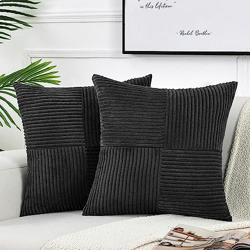 Fancy Homi 2 Packs Black Samll Decorative Throw Pillow Covers 12x12 Inch with for Couch Bed Sofa Rustic Farmhouse Boho Home Decor Soft Corss Patchwork Corduroy Square Cushion Case 30x30 cm - Image 1