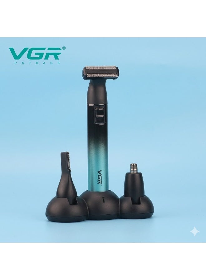 VGR The VGR V-628 is a compact 3-in-1 Professional Grooming Kit specifically designed for full-body grooming. It is highly favored for its "zero-gap" precision and specialized heads for sensitive areas. Emerald Green - Image 3