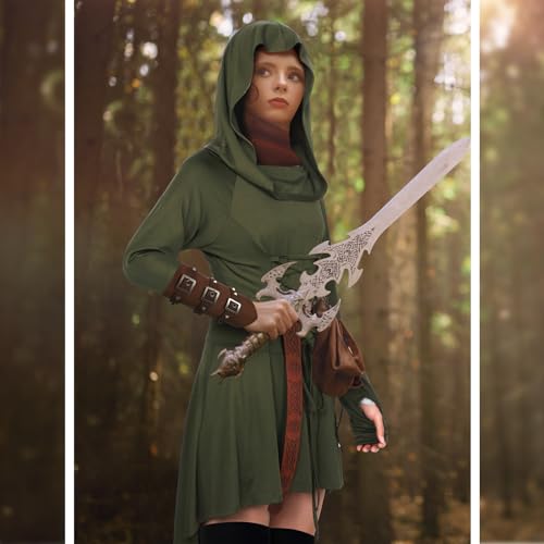 Suhine 5 Pcs Renaissance Women Costume Medieval Hooded Robe Vintage Faux Leather Arm Pouch Belt for Cosplay Party(Small,Dark Green) - Image 5