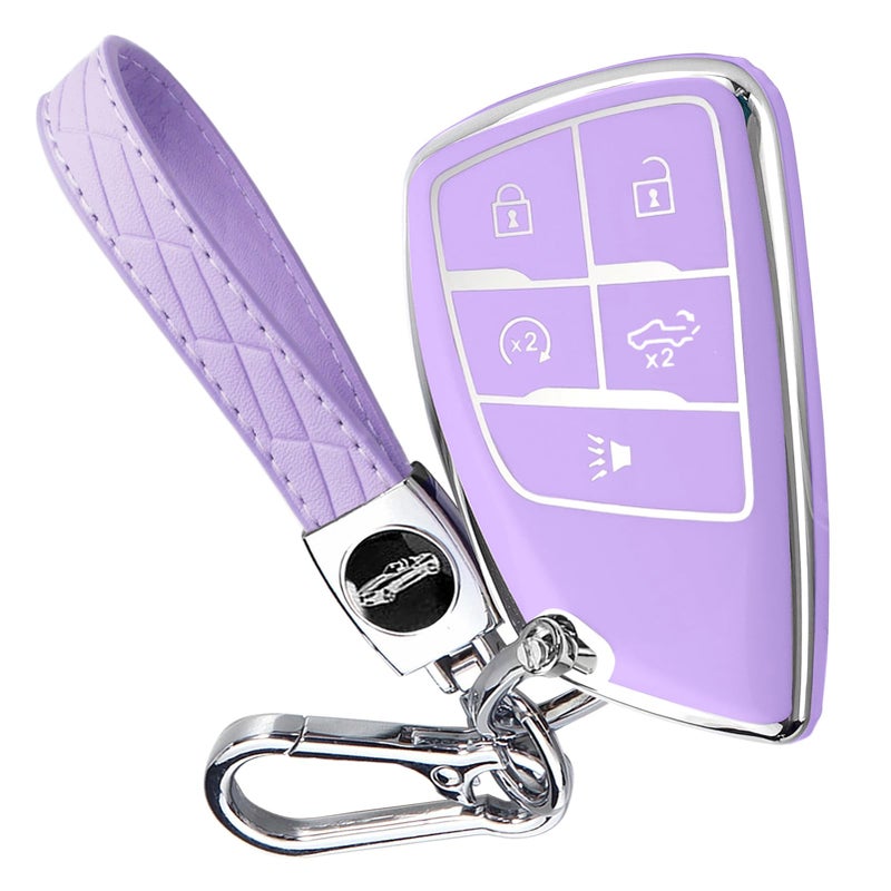 Cacacar Key Fob Cover for Chevy GMC with Keychain, Silverado Sierra Tahoe Suburban Equinox Traverse Yukon Denali Terrain Buick Envision Premium Soft TPU Case (5 Buttons Purple) - Image 1