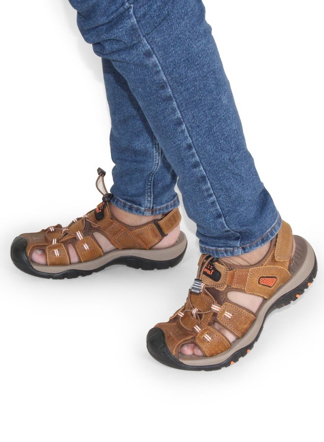 BOTELI Men's Closed Toe Genuine Leather Outdoor Sandals,
 Anti-Collision Protective Toe Cap Non-Slip Thick Sole Adjustable Drawstring Hiking Beach Sandals - Image 1