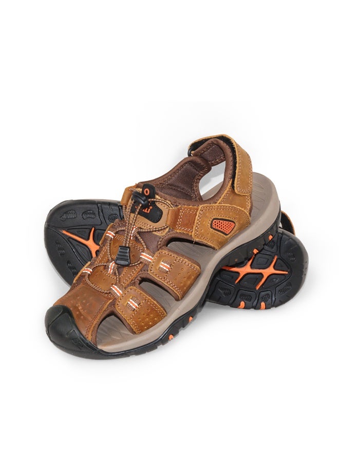 BOTELI Men's Closed Toe Genuine Leather Outdoor Sandals,
 Anti-Collision Protective Toe Cap Non-Slip Thick Sole Adjustable Drawstring Hiking Beach Sandals - Image 3
