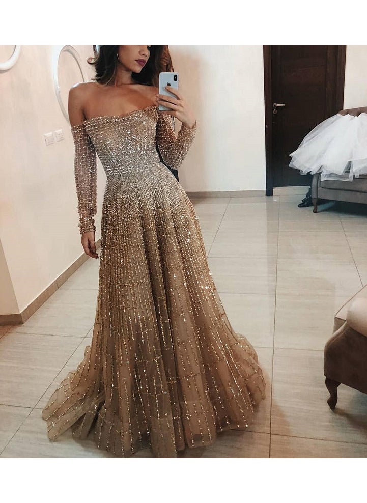 Generic - 2024 Sparkly Off-Shoulder Long-Sleeve Dress Picture Color - Image 1