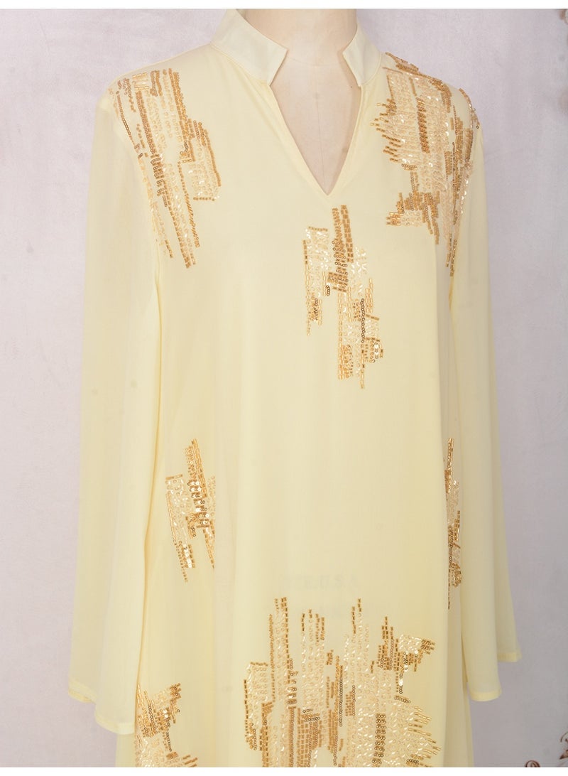 Kaiyuede Women's Yellow Jalabiya Gold Sequin Bead Embellishment - Image 5