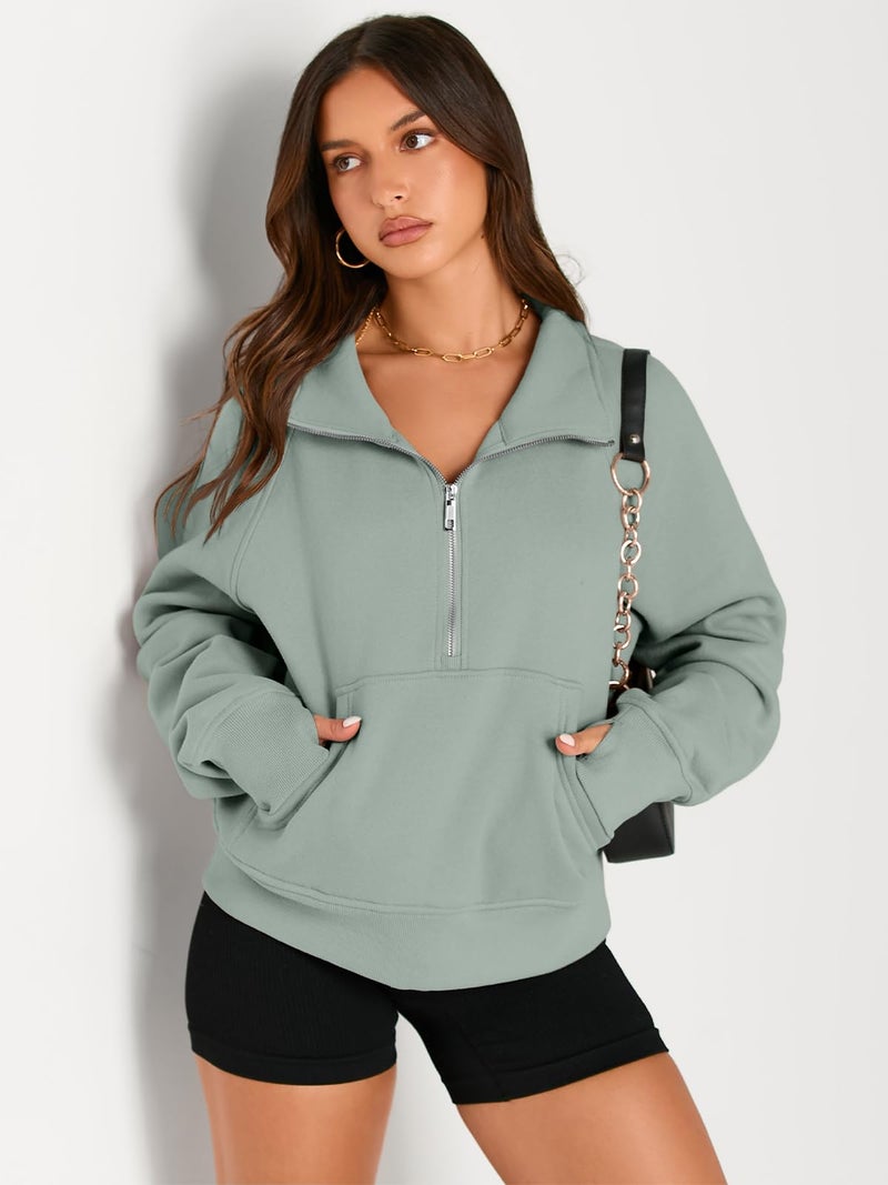 AUTOMET Womens Sweatshirts Half Zip Cropped Pullover Fleece Quarter Zipper Sweater Hoodies 2025 Fall Fashion Outfits Clothes Greygreen Small - Image 3