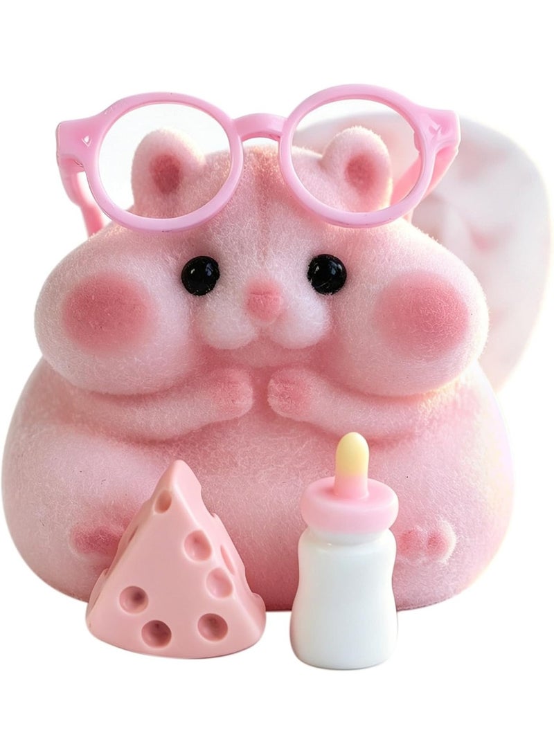 Handmade Cute Taba Squeeze Pink Fuzzy Hamster Squishy Toy with Glasses, Cheese & Bottle Accessories – Soft Squeeze Stress Relief Fidget Sensory Toy with Clear Capsule Case - Image 1