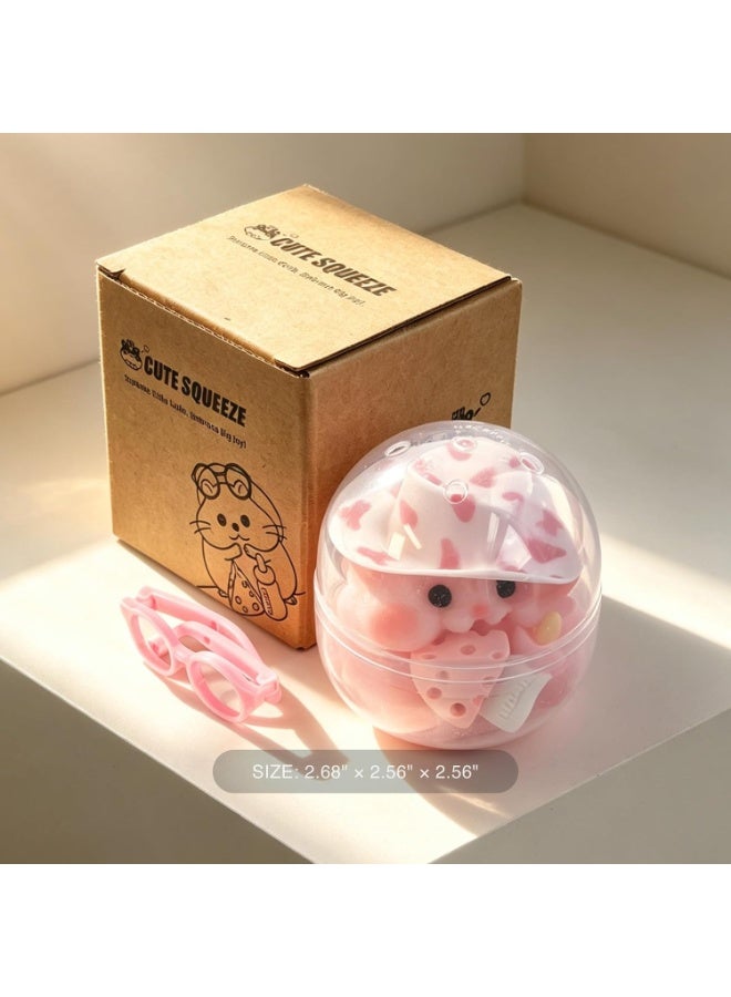 Handmade Cute Taba Squeeze Pink Fuzzy Hamster Squishy Toy with Glasses, Cheese & Bottle Accessories – Soft Squeeze Stress Relief Fidget Sensory Toy with Clear Capsule Case - Image 4