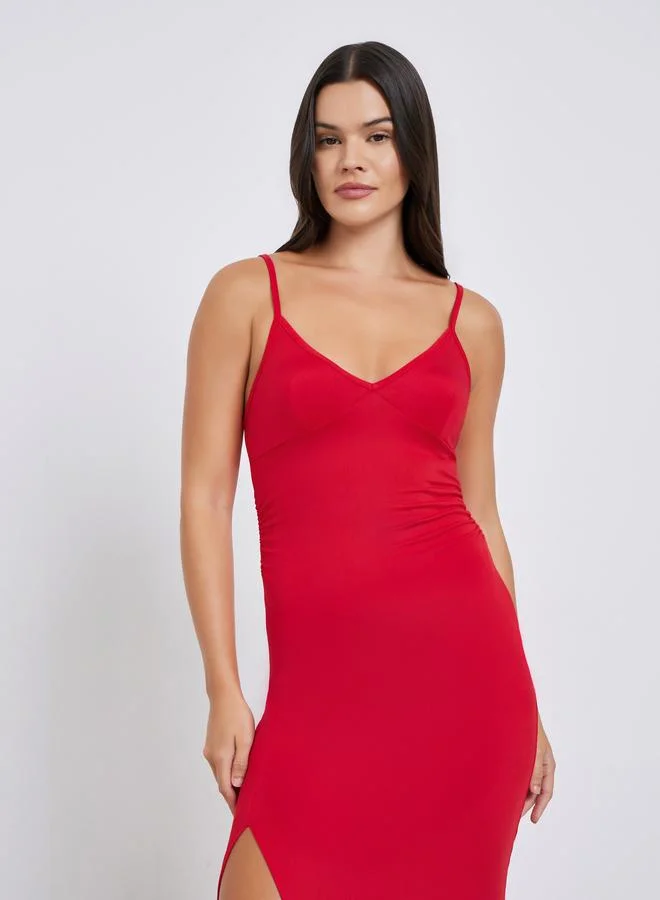 Styli Solid Thigh High Slit Slip Dress with Briefs