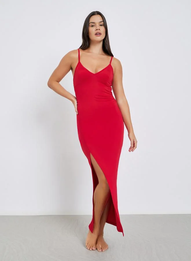 Styli Solid Thigh High Slit Slip Dress with Briefs