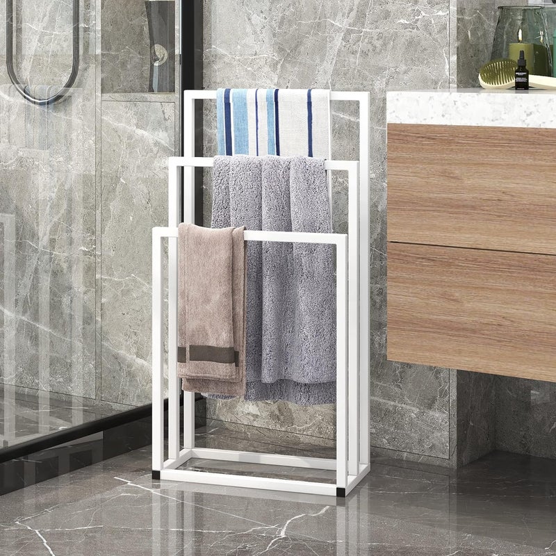 Al Tamayoz Metal Towel Holder Freestanding Towel Holder 3 Tier Organizer for Storage and Organization Next to Tub or Shower Hand Towels Bathroom (White) - Image 1