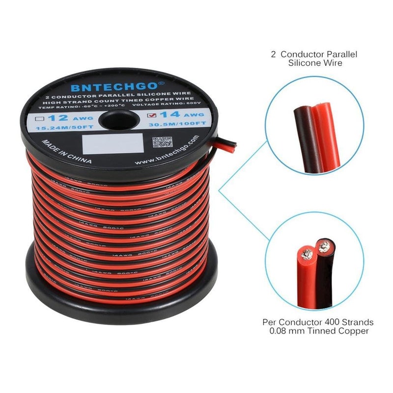 BNTECHGO 14 Gauge Flexible 2 Conductor Parallel Silicone Wire Spool Red Black High Resistant 200 deg C 600V for Single Color LED Strip Extension Cable Cord,Model,100ft Stranded Tinned Copper Wire - Image 2
