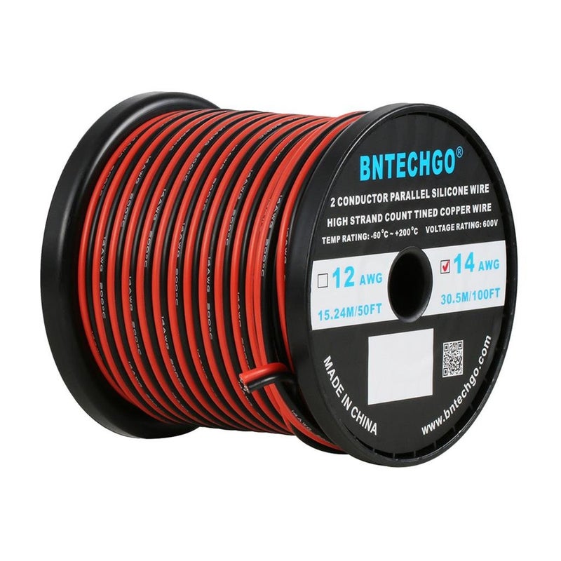 BNTECHGO 14 Gauge Flexible 2 Conductor Parallel Silicone Wire Spool Red Black High Resistant 200 deg C 600V for Single Color LED Strip Extension Cable Cord,Model,100ft Stranded Tinned Copper Wire - Image 1