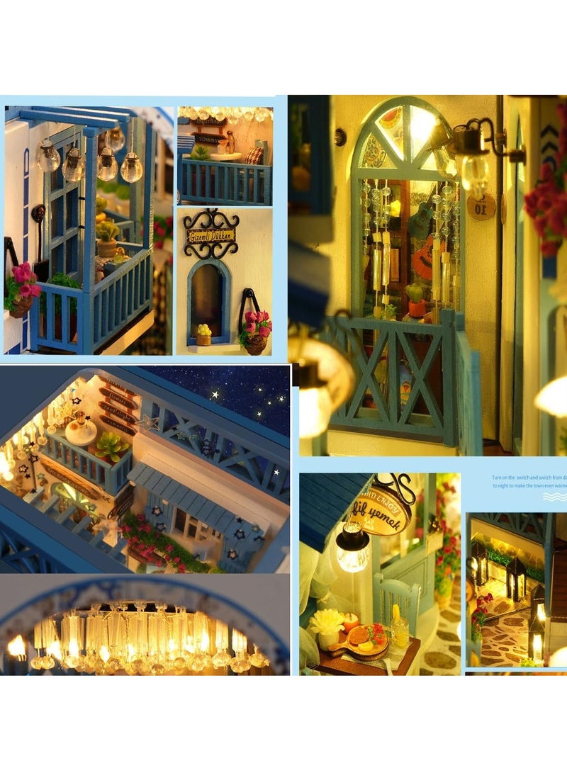 مجموعة زوايا الكتب DIY، زاوية كتب ألغاز خشبية ثلاثية الأبعاد، نهايات كتب مزخرفة، رف كتب يُدرج زقاق زخرفي مع أثاث وأضواء LED لتزيين مكتب مكتب المنزل في عيد الميلاد (عالم نسيم البحر) - Image 3