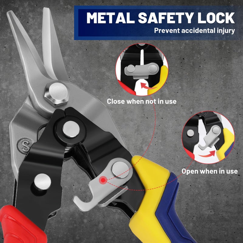 WORKPRO 3 Piece Aviation Tin Snips Set, 8 Inch Metal Cutter Shear for Left, Right and Straight Cut, Cr-V Blade, Ergonomic Handle with Hang Hole & Safety Latch - Image 4