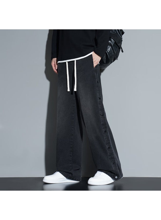Poum American High Street Button-fly Denim Jeans Men Spring Summer Washed Vintage Casual Pants 6901 Black XL - Image 1