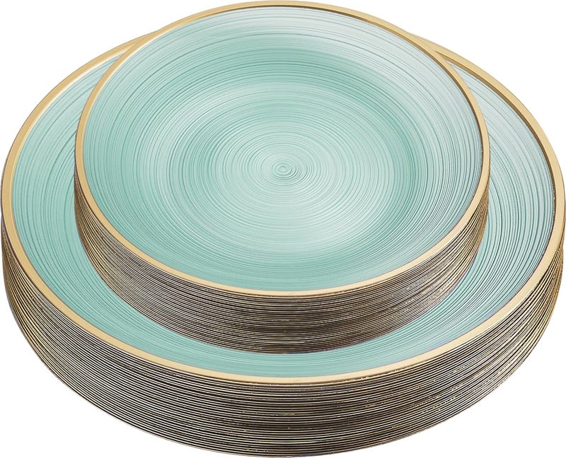 PLASTICPRO 128 Pieces Crystal Design Plastic Plates Combo Pack 7 inch and 10 inch Gold Rim Elegant Disposable Plates, Transparent Green - Image 1