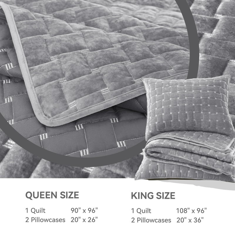 Grassix Velvet Quilt Set King Size, 3 Pieces Lightweight Velvet Comforter with Pillow Shams, Geometric Quilted Bedspread Coverlet Bedding Set for All Seasons, Dark Grey, 108"x96" - Image 5