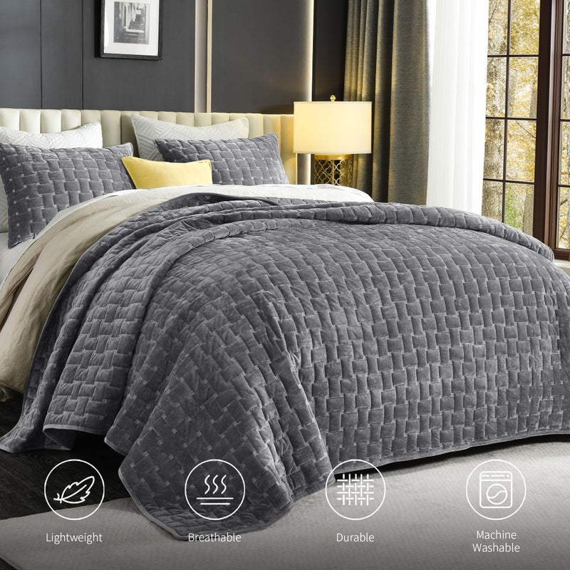 Grassix Velvet Quilt Set King Size, 3 Pieces Lightweight Velvet Comforter with Pillow Shams, Geometric Quilted Bedspread Coverlet Bedding Set for All Seasons, Dark Grey, 108"x96" - Image 2
