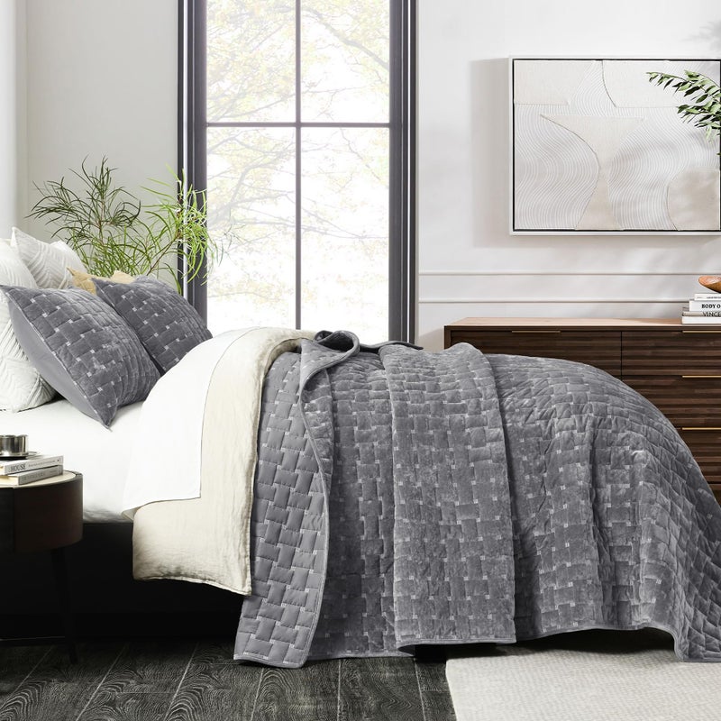 Grassix Velvet Quilt Set King Size, 3 Pieces Lightweight Velvet Comforter with Pillow Shams, Geometric Quilted Bedspread Coverlet Bedding Set for All Seasons, Dark Grey, 108"x96" - Image 1