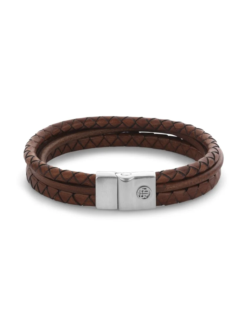 Rebel & Rose Men's Full Metal Premium Combo Leather Bracelet, 12 mm, Cognac