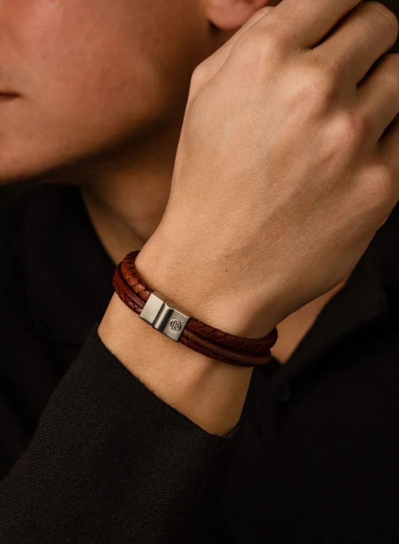 Rebel & Rose Men's Full Metal Premium Combo Leather Bracelet, 12 mm, Cognac