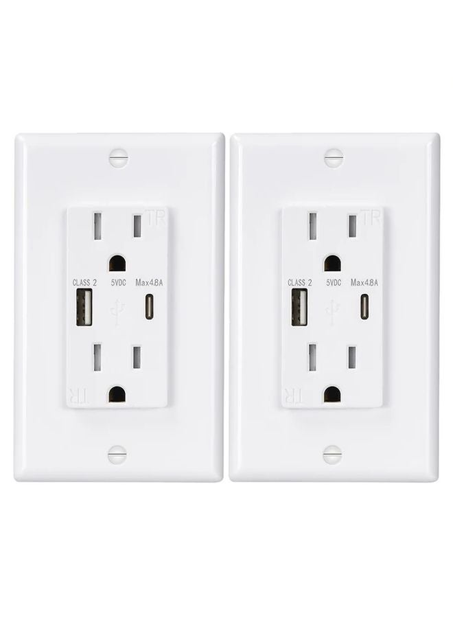 White 2 Pack USB Outlet with Type A and C Ports 5V 4 8A In Wall Charger ETL Listed - Image 2