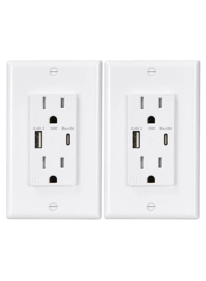 White 2 Pack USB Outlet with Type A and C Ports 5V 4 8A In Wall Charger ETL Listed - Image 1