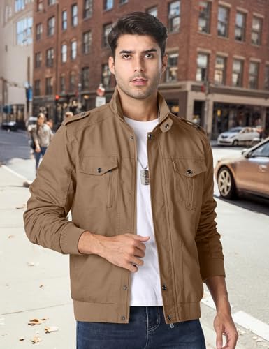 CRYSULLY Men's Casual Lightweight Long Sleeve Full Zip Up Jackets With Shoulder Straps Cotton Bomber Coat - Image 3