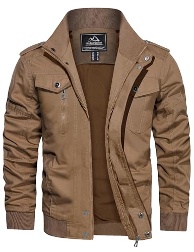 CRYSULLY Men's Casual Lightweight Long Sleeve Full Zip Up Jackets With Shoulder Straps Cotton Bomber Coat - Image 1