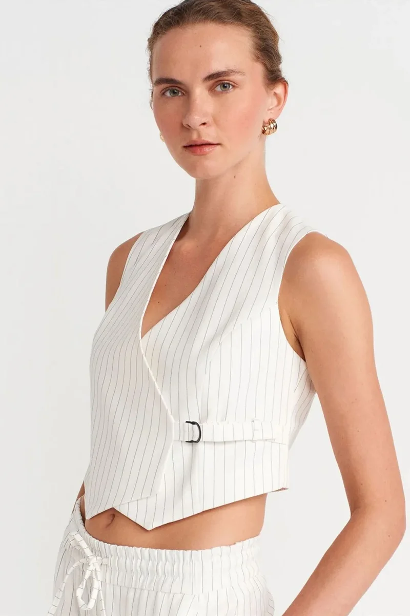 Dilvin White DILVIN Women’s Striped Crop Waistcoat With Belt for Women | Best Price UAE