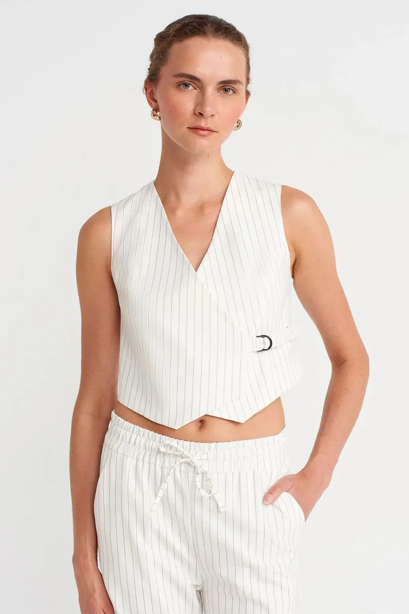 DILVIN Women’s Striped Crop Waistcoat With Belt