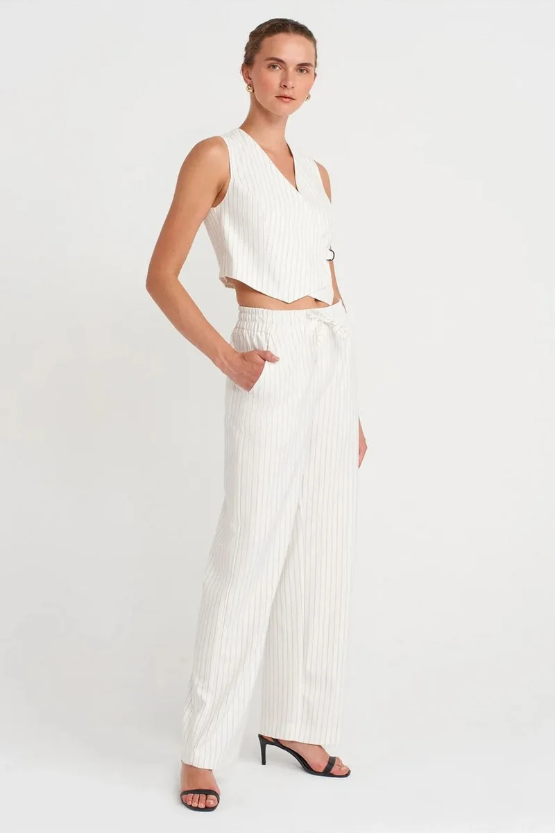 Dilvin White DILVIN Women’s Striped Crop Waistcoat With Belt for Women | Best Price UAE