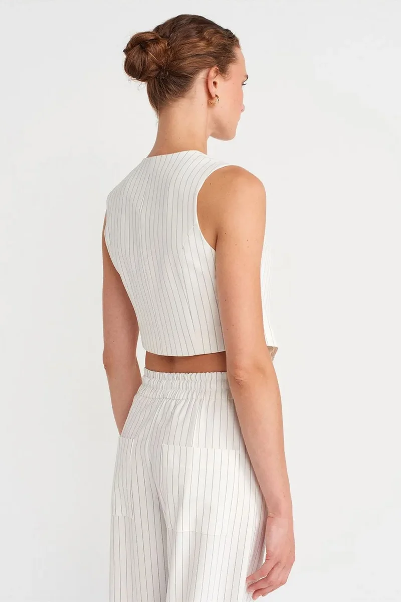 Dilvin White DILVIN Women’s Striped Crop Waistcoat With Belt for Women | Best Price UAE