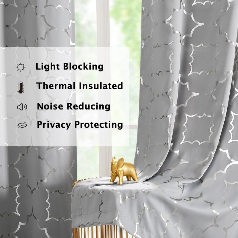 Purainbow Grey Blackout Curtain Panels for Bedroom 84" Silver Foil Moroccan Metallic Print Energy Efficient Drapes for Bedroom Living Room, Thermal Insulated Window Treatments Grommet Top 2 Panels - Image 3