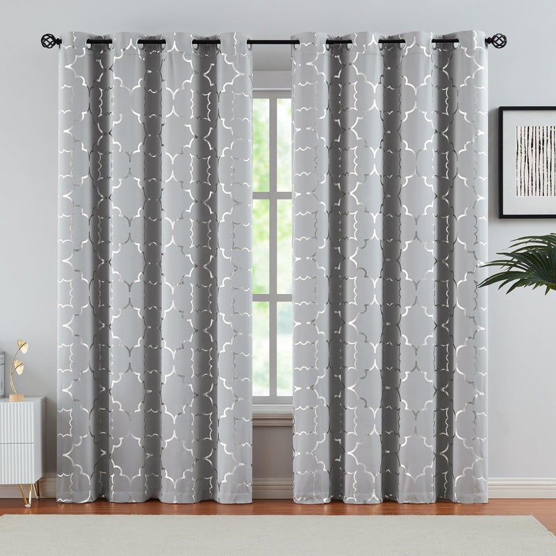 Purainbow Grey Blackout Curtain Panels for Bedroom 84" Silver Foil Moroccan Metallic Print Energy Efficient Drapes for Bedroom Living Room, Thermal Insulated Window Treatments Grommet Top 2 Panels - Image 1