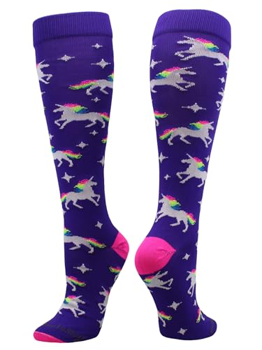 MadSportsStuff Neon Rainbow Unicorn Over the Calf Socks (Purple/Neon Pink, X-Small) - Image 1