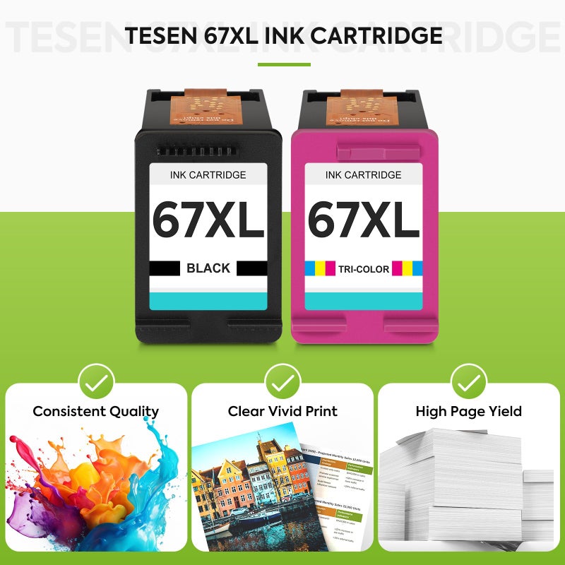 TESEN 67XL Black/Color Remanufactured Ink Cartridge Replacement for HP Ink 67 67XL Printer Ink use for DeskJet 2700 2700e 2755e 2855e 2800 4155e 4255e 4100 Envy 6400 6055 6055e 6455e Printer 2-Pack - Image 5