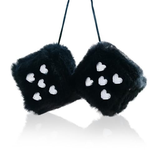 ORNALES Heart Embroidered Fuzzy Dice for Car Mirror 3 Soft Plush Black Hanging Dice Vintage Couple Car Decoration Accessories - Image 1