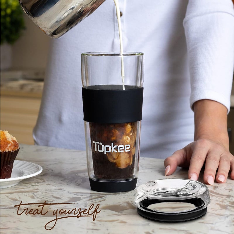 Tupkee Double Wall All Glass Tumbler - 14-Ounce, Reusable Insulated Tea/Coffee Mug & Lid, Hand Blown Glass Travel Mug - Black - 2 Pack - Image 4