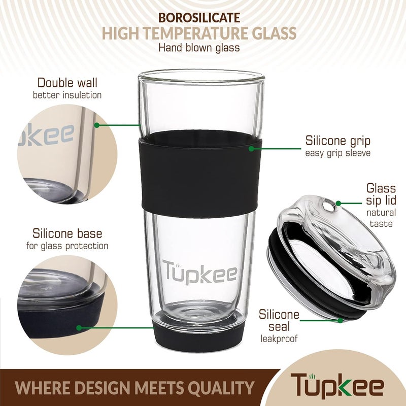 Tupkee Double Wall All Glass Tumbler - 14-Ounce, Reusable Insulated Tea/Coffee Mug & Lid, Hand Blown Glass Travel Mug - Black - 2 Pack - Image 3