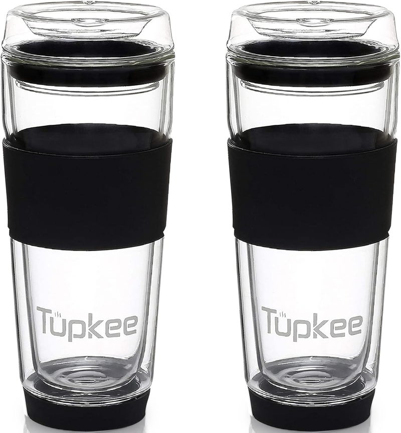 Tupkee Double Wall All Glass Tumbler - 14-Ounce, Reusable Insulated Tea/Coffee Mug & Lid, Hand Blown Glass Travel Mug - Black - 2 Pack - Image 1