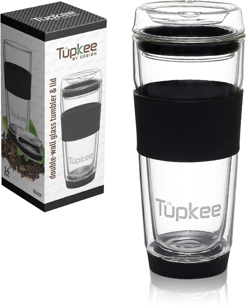Tupkee Double Wall All Glass Tumbler - 14-Ounce, Reusable Insulated Tea/Coffee Mug & Lid, Hand Blown Glass Travel Mug - Black - 2 Pack - Image 2