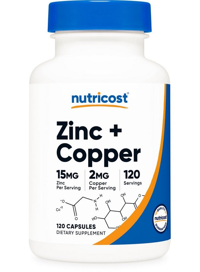 Nutricost Zinc + Copper Capsules (120 Servings)(15MG Zinc + 2MG Copper Per Serving) - Non GMO, Vegetarian - Image 1