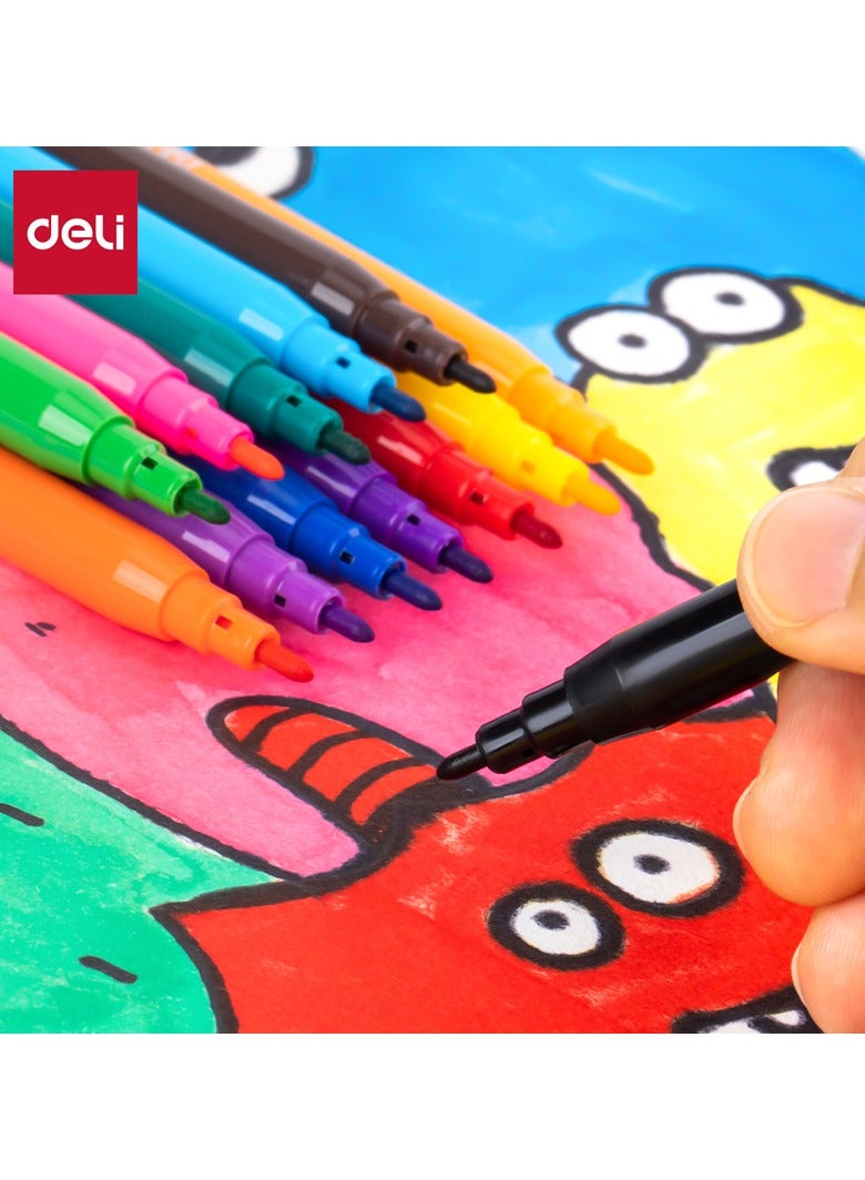 Deli EC10003 COLORUN Washable Felt Pen, Round Barrel, Fiber Conical Tip 1.0-1.2mm, 12 Colors - Image 1