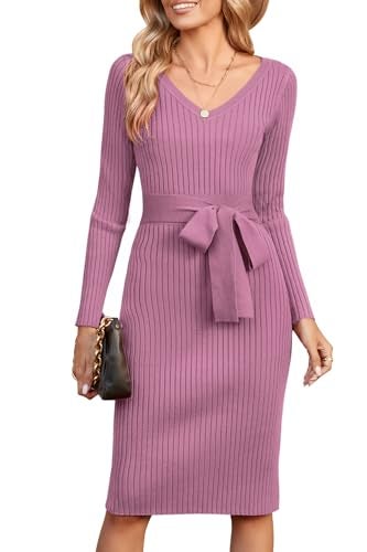 Newshows Womens 2025 Sweater Dress Long Sleeve Fall Midi Ribbed Knit Winter Belted Bodycon Dresses Work Clothes(Light Purple,L) - Image 1