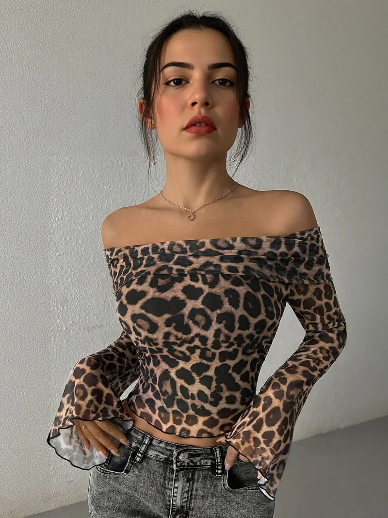 OUTZIDR Beige Off Shoulder Animal Print Top