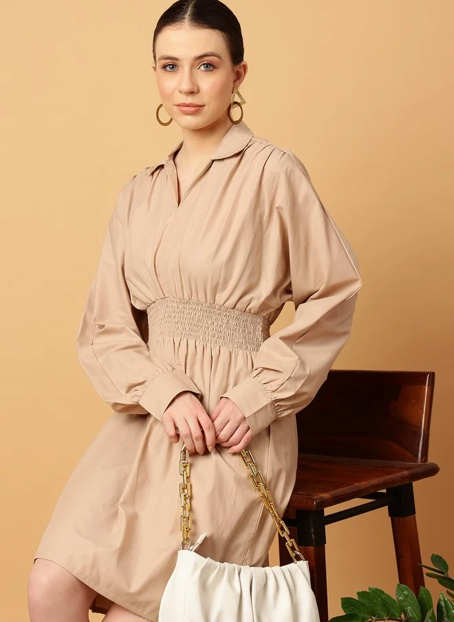 MINT STREET Beige Smocked Waist A-Line Dress for Women