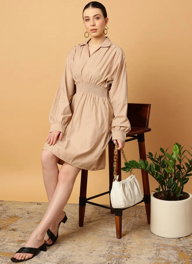 MINT STREET Beige Smocked Waist A-Line Dress for Women